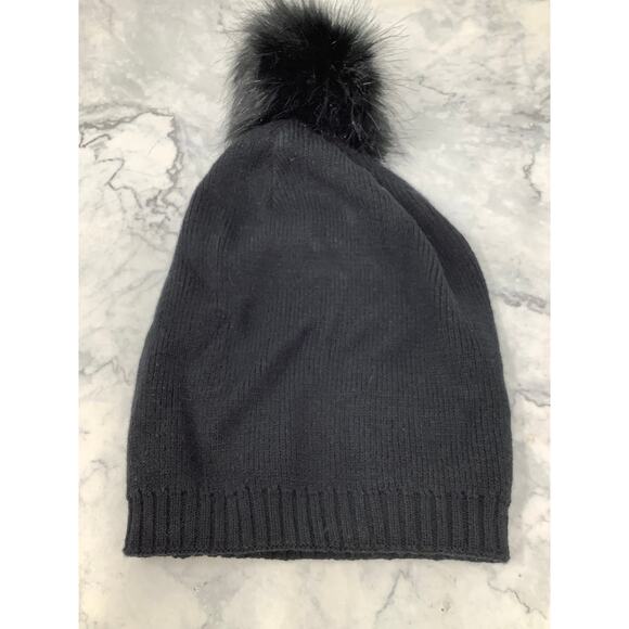 Calia Womens Black Slouch Faux Fur Pom Knit Beanie Hat Cozy Casual Winter L25-20 - Picture 6 of 8